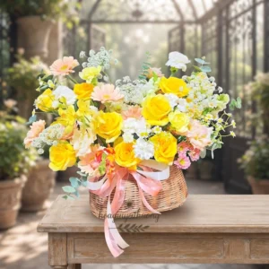 Giỏ hoa sinh nhật đẹp "Nắng Nhẹ An Lành" với tông vàng pastel nhẹ nhàng, kết từ hồng vàng, cát tường, đồng tiền và mimosa, mang ý nghĩa chúc mừng tinh tế và an lành.