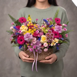 Cô gái châu Á đang cầm trên tay giỏ hoa sinh nhật đẹp với nhiều màu sắc rực rỡ như hồng, vàng và tím, thiết kế sang trọng.