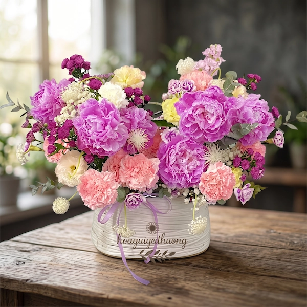 giỏ hoa tặng sinh nhật đẹp với hoa mẫu đơn và hoa cẩm chướng tông hồng tím pastel trong giỏ trắng tinh tế