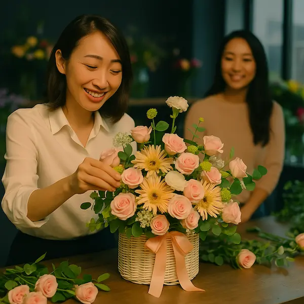 Giỏ hoa sinh nhật phong cách tinh tế với sắc hồng pastel và thiết kế nhẹ nhàng, sang trọng.