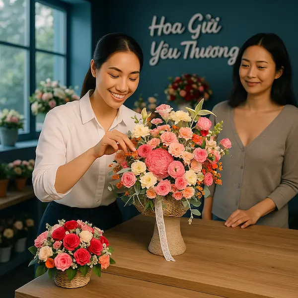 Nhân viên cắm giỏ hoa sinh nhật tặng bạn bè, không gian cửa hàng hoa hiện đại, tone lạnh.