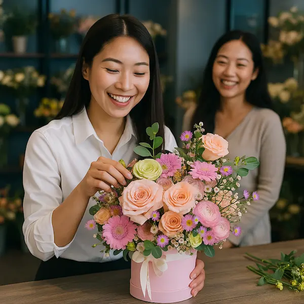 Nhân viên cắm hoa tặng sinh nhật bạn gái, giỏ hoa pastel gồm hoa hồng, đồng tiền và baby, khách hàng mỉm cười hài lòng.
