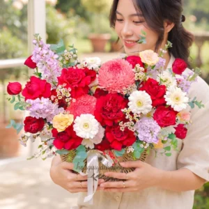 Cô gái châu Á đang ôm lẵng hoa sang trọng tặng sếp với thiết kế rực rỡ, tinh tế làm quà chúc mừng.