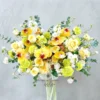 Giỏ hoa tặng sinh nhật cao cấp với hoa lan vàng, hồng kem, cẩm chướng xanh cốm, baby trắng và lá bạc hà