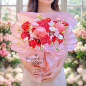 Bó hoa hồng và cẩm tú cầu tươi thắm tại shop hoa tươi gần khu công nghiệp dành tặng đồng nghiệp, người thân.
