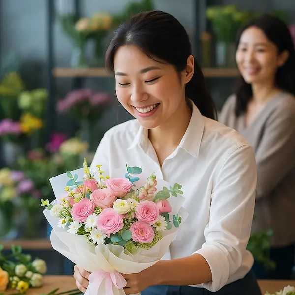 Nhân viên shop hoa tươi cắm sẵn đang hoàn thiện bó hoa hồng pastel tại cửa hàng.
