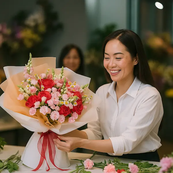 Nhân viên shop hoa tươi cắm sẵn trao bó hoa rực rỡ cho khách – dịch vụ nhanh, hoa có sẵn trong ngày, giao tận nơi.