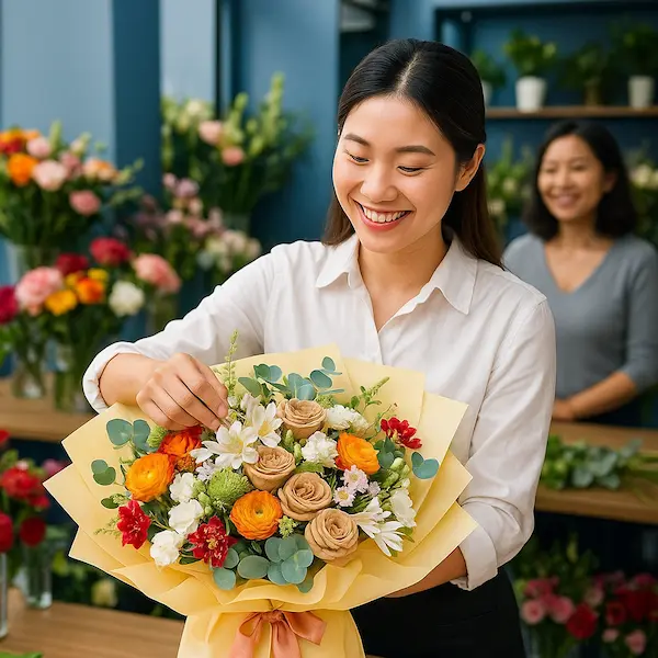 Nhân viên shop hoa tươi chúc mừng đang thiết kế bó hoa nghệ thuật rực rỡ, không gian cửa hàng ấm cúng, chuyên nghiệp.