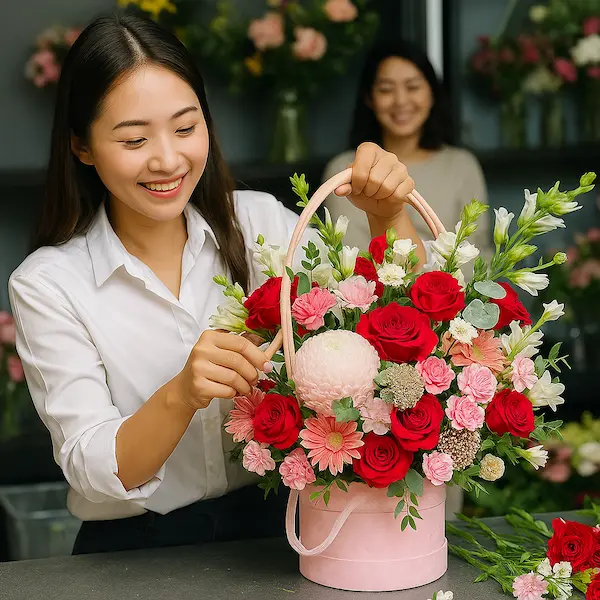 Shop hoa tươi gần quận 10 – Nhân viên đang cắm giỏ hoa gồm mẫu đơn, hồng đỏ và hoa lá tươi tại cửa hàng Hoa Gửi Yêu Thương.