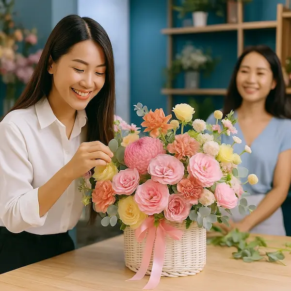 Nhân viên shop hoa tươi giao hàng nội thành đang cắm giỏ hoa tươi, phía sau là khách hàng hài lòng