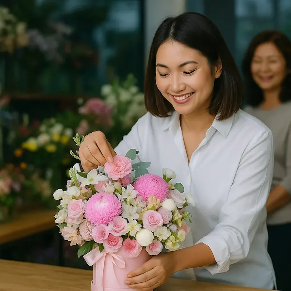 Nhân viên tại shop hoa tươi sinh nhật Hoa Gửi Yêu Thương đang cắm bó hoa hồng pastel tặng sinh nhật với phong cách tinh tế và hiện đại.