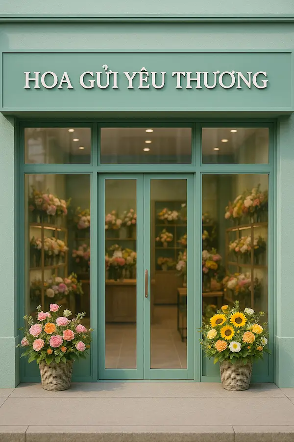 Mặt tiền shop hoa tươi cắm sẵn – thiết kế xanh pastel trang nhã, trưng bày nhiều bó hoa đẹp mắt.