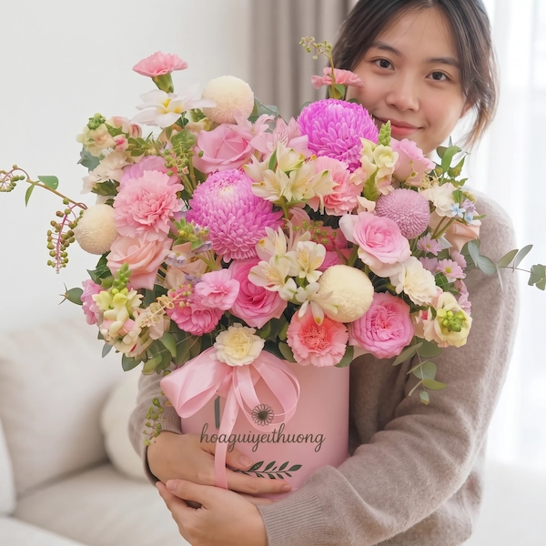 Cô gái châu Á ôm giỏ hoa sinh nhật ngọt ngào làm quà tặng ý nghĩa.