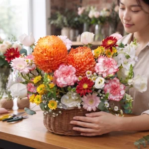 Tìm kiếm ý tưởng quà tặng với giỏ hoa sinh nhật mẹ độc đáo. Hình ảnh cô gái cùng giỏ hoa tươi thể hiện sự ấm áp, gắn kết và lòng biết ơn trong ngày sinh nhật của đấng sinh thành.