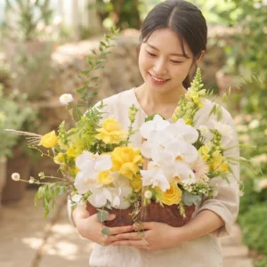 Hình ảnh cận cảnh vẻ đẹp của hoa hồng vàng và lan hồ điệp trắng trong giỏ hoa tặng bạn gái