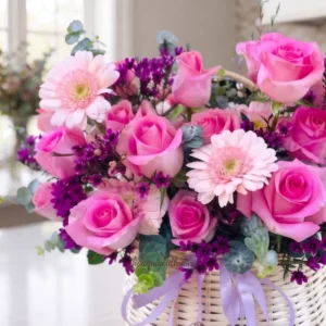 Giỏ hoa hồng và cẩm chướng rực rỡ được giao bởi dịch vụ hoa tươi 24h gần đây.
