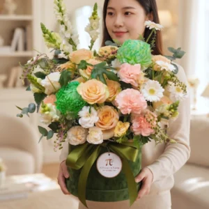 Cô gái ôm lẵng hoa sinh nhật cỡ lớn sang trọng ngập tràn hoa hồng kem, cẩm chướng và hoa cúc xanh tươi tắn.
