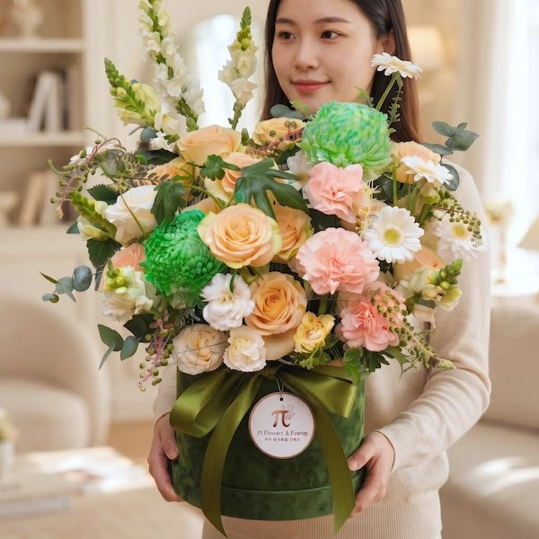 Cô gái ôm lẵng hoa sinh nhật cỡ lớn sang trọng ngập tràn hoa hồng kem, cẩm chướng và hoa cúc xanh tươi tắn.