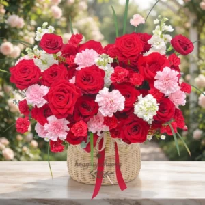 Cô gái ôm bó hoa tươi rực rỡ gồm hoa hồng đỏ và cẩm chướng hồng từ shop hoa đẹp gần đây.