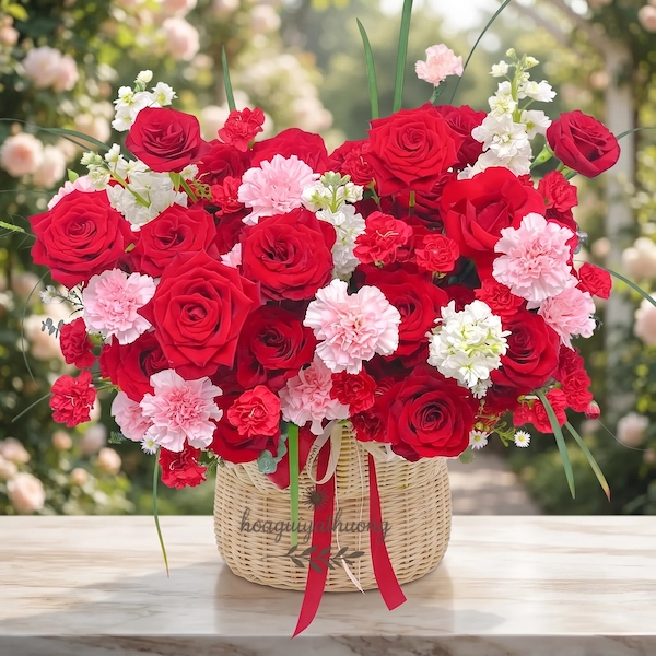 Cô gái ôm bó hoa tươi rực rỡ gồm hoa hồng đỏ và cẩm chướng hồng từ shop hoa đẹp gần đây.