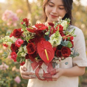 Giỏ hoa cao cấp từ shop hoa giao nội thành với thiết kế sang trọng.