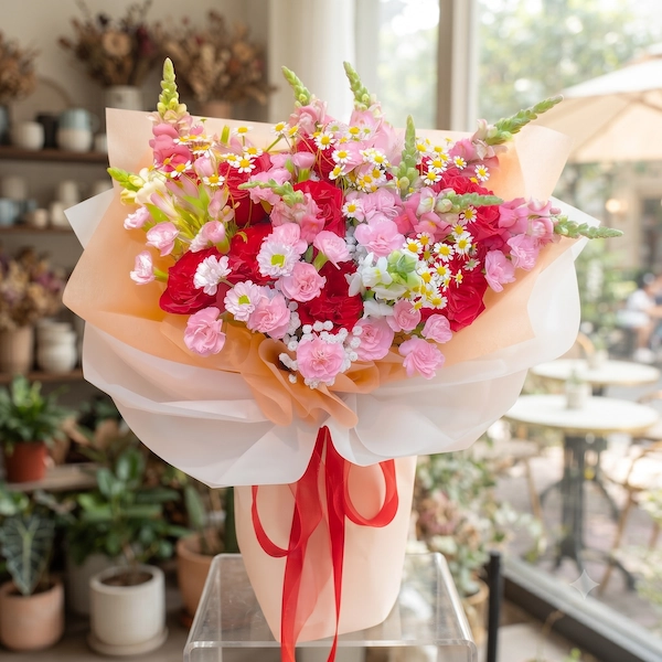 Bó hoa tươi cắm sẵn với tone hồng cam pastel, được trưng bày trước cửa shop – phù hợp tặng sinh nhật, lễ, chúc mừng.