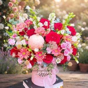 Giỏ hoa tươi nổi bật tại shop hoa tươi gần quận 10 với thiết kế rực rỡ, phối hợp hoa mẫu đơn, hướng dương, cát tường và hoa baby mang phong cách sang trọng.