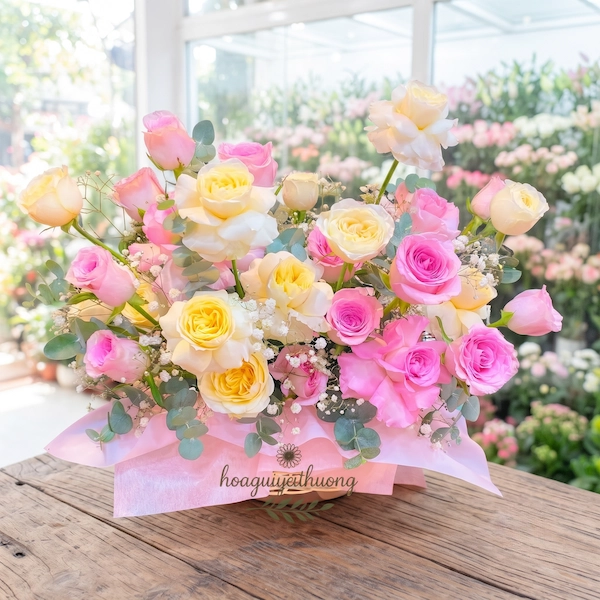 Bó hoa pastel tinh tế tại shop hoa tươi gần trung tâm thương mại