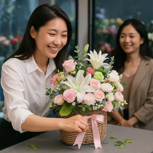 Nhân viên cửa hàng đang chuẩn bị giỏ hoa tươi với dịch vụ giao nhanh trong 2h – Hoa Gửi Yêu Thương.