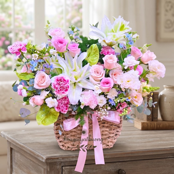 Cô gái người châu Á đang ôm giỏ hoa tươi đẹp mắt, dịch vụ shop hoa tươi giao trong 2h uy tín.