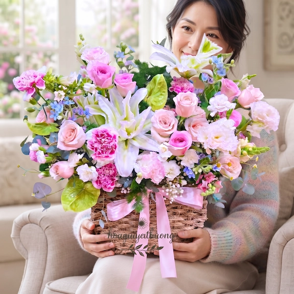 Giỏ hoa cao cấp được ôm bởi cô gái, shop hoa tươi giao trong 2h chuyên nghiệp.
