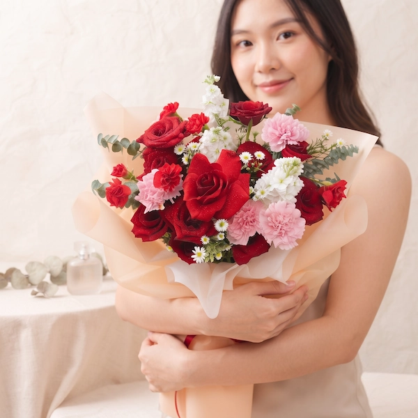 Cô gái hạnh phúc ôm bó hoa tươi được bó thủ công từ shop hoa tươi handmade gần đây.