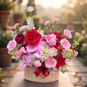 Giỏ hoa Valentine tông hồng đỏ nhẹ nhàng từ shop hoa tươi ngày Valentine – Hoa Gửi Yêu Thương