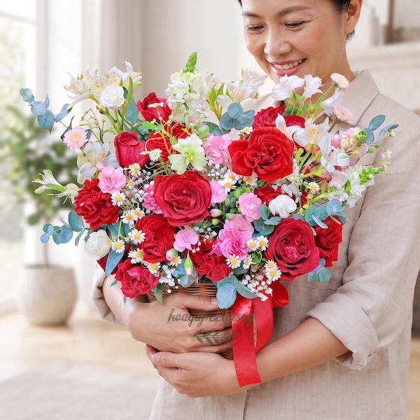 Người phụ nữ ôm giỏ hoa hồng đỏ đẹp mắt, tiệm hoa gần đây có giao hàng uy tín.