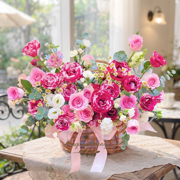 "Giỏ hoa hồng pastel thiết kế riêng theo yêu cầu, tông hồng kem – phù hợp làm quà tặng tinh tế tại tiệm hoa thiết kế riêng ở TP.HCM"