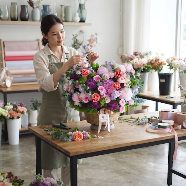 Nghệ nhân Pi Flowers & Events đang thiết kế giỏ hoa sinh nhật giành cho người bản lĩnh