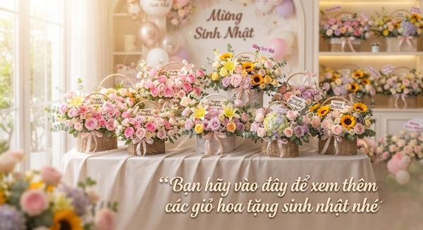 Mẫu giỏ hoa tặng sinh nhật sang trọng, thiết kế chuyên nghiệp tại Pi Flowers & Evens.