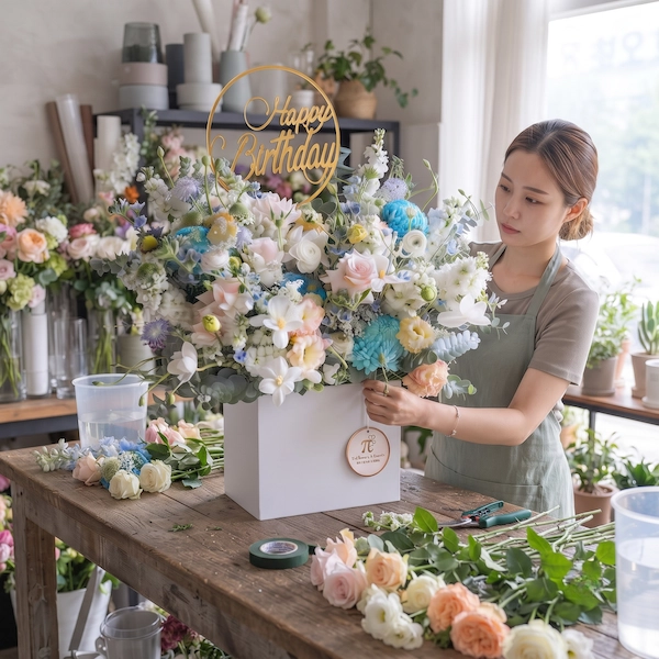 Thợ thủ công đang tỉ mỉ cắm giỏ hoa tặng sinh nhật cá tính mang phong cách hiện đại, độc đáo.