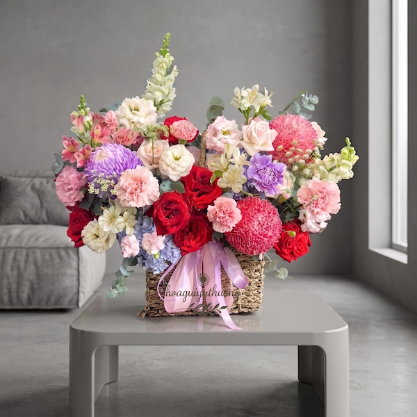 Lựa chọn giỏ hoa tặng sinh nhật kết hợp tinh tế giữa sắc hồng pastel ngọt ngào và đỏ đậm đẳng cấp, phác họa trọn vẹn nét đẹp sắc sảo của người bản lĩnh.