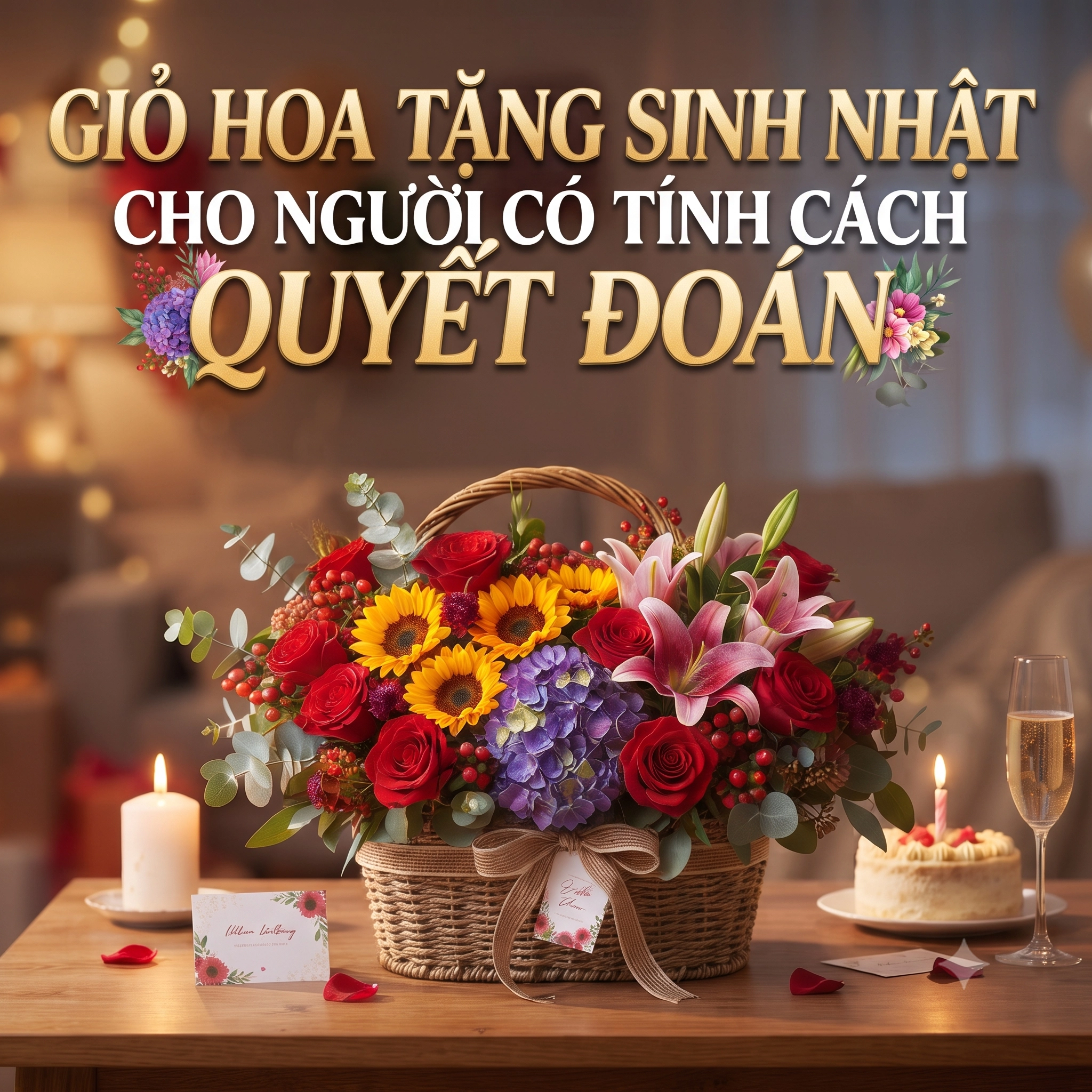Giỏ hoa tặng sinh nhật cho người có tính cách quyết đoán thiết kế sang trọng với hoa hướng dương và hoa hồng đỏ