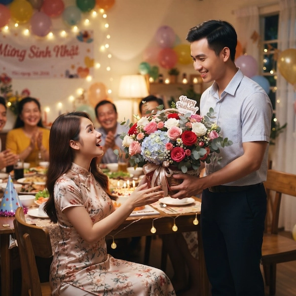 Chàng trai hạnh phúc trao tặng giỏ hoa tặng sinh nhật ý nghĩa cho bạn gái trong buổi tiệc ấm áp.