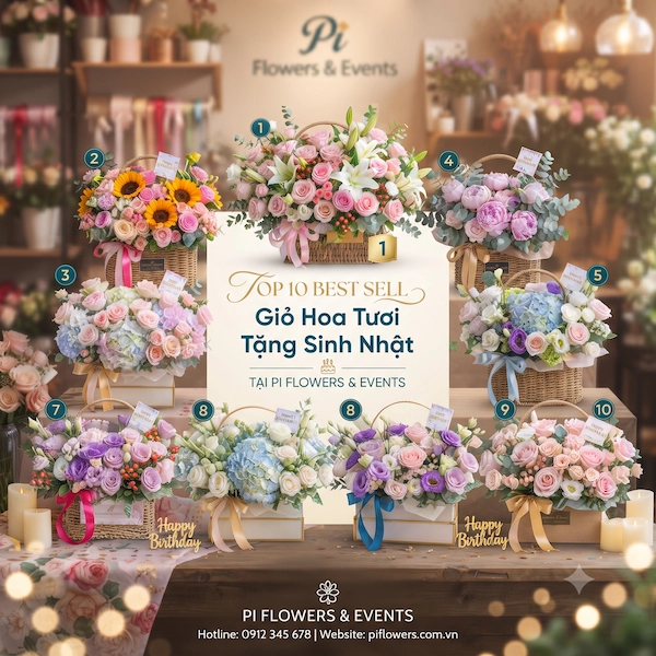 giỏ hoa tươi tặng sinh nhật vàng kem kết hợp hồng phấn nhẹ nhàng tại Pi Flowers & Events.