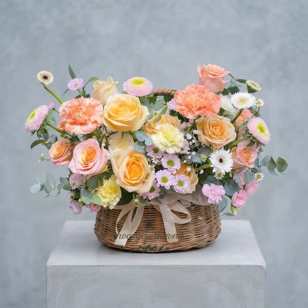 giỏ hoa tươi tặng sinh nhật tông cam đào mộc mạc đặt trong giỏ mây tại Pi Flowers & Events.