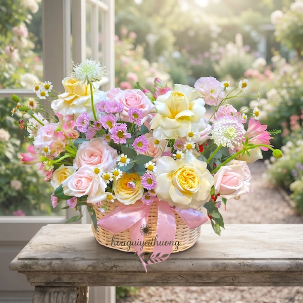 giỏ hoa tươi tặng sinh nhật vàng kem kết hợp hồng phấn nhẹ nhàng tại Pi Flowers & Events.