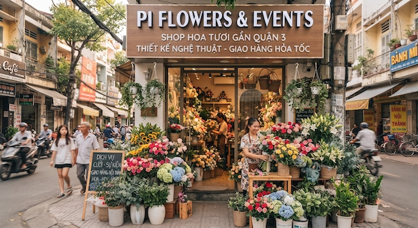 Nhân viên Pi Flowers & Events đang gói bó hoa tươi cao cấp tại cửa hàng shop hoa tươi gần quận 3.