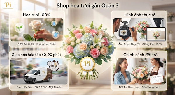 Thiết kế hoa nghệ thuật tại shop hoa tươi gâng quận 3 Các mẫu hoa tươi đẹp mắt trưng bày tại shop hoa tươi gần quận 3 của thương hiệu Pi Flowers & Events.
