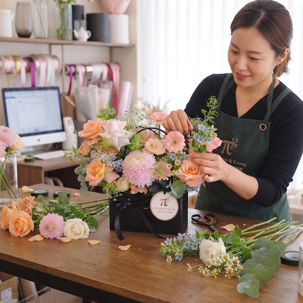 Thiết kế hoa nghệ thuật tại shop hoa tươi quận 10 Nhân viên shop hoa tươi quận 10 đang cắm giỏ hoa Dịu Dàng Sớm Mai tỉ mỉ.