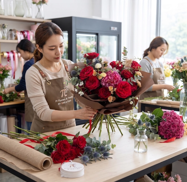 Nghệ nhân đang hoàn thiện một mẫu giỏ hoa sinh nhật thiết kế riêng theo yêu cầu tại tiệm Pi Flowers & Events.