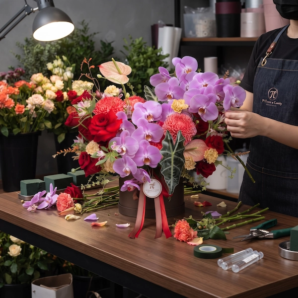 Nghệ nhân đang thực hiện cắm giỏ hoa chúc mừng sinh nhật tại tiệm