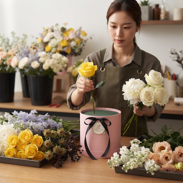 Thợ cắm hoa đang chuẩn bị thiết kế giỏ hoa mừng sinh nhật tươi tắn tại cửa hàng.
